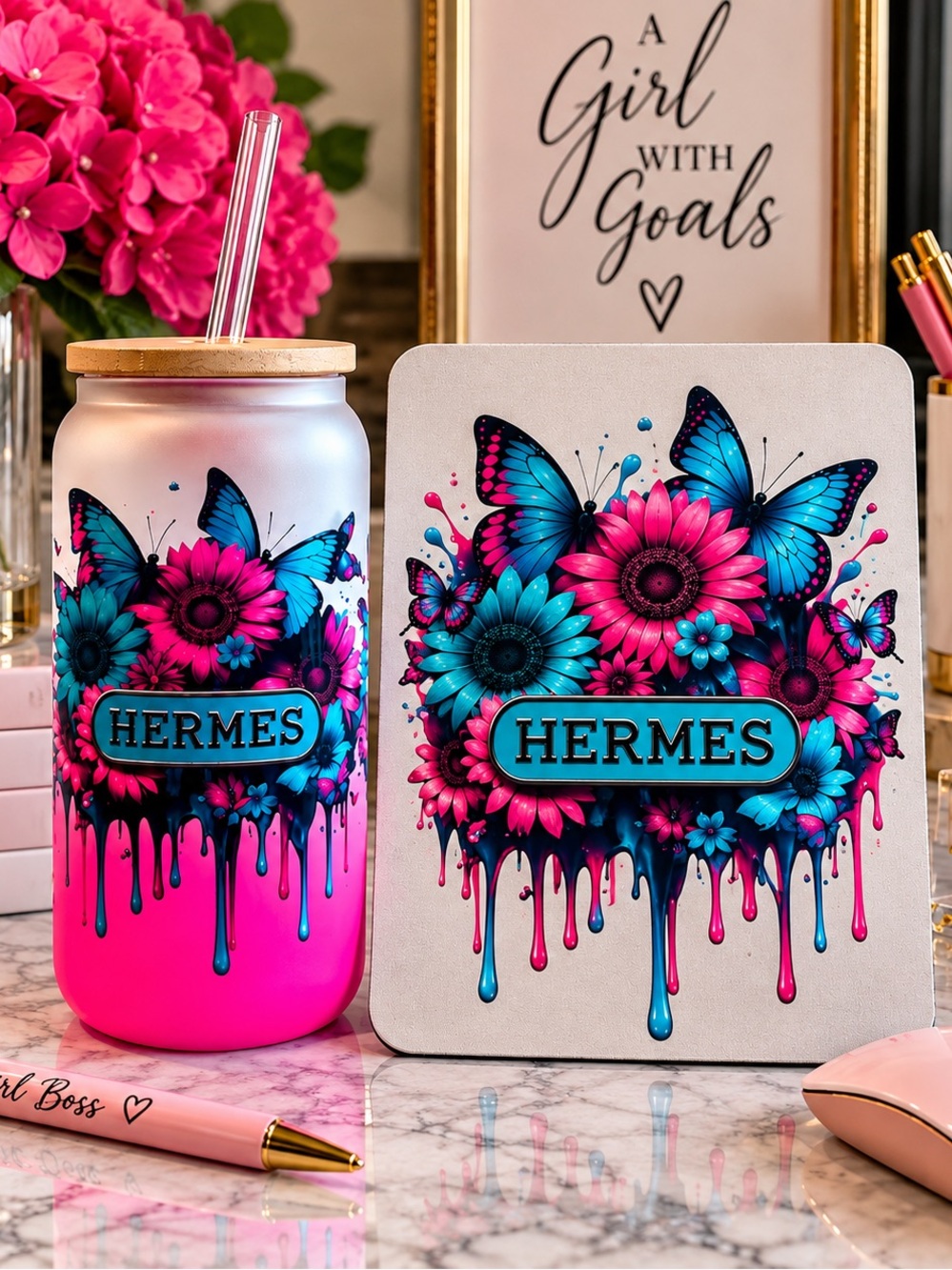 Pink & Teal Floral Butterfly Tumbler & Mouse Pad Set